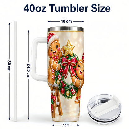 #pl[40oz|White] Gingerbread Wreath 40oz Tumbler with Handle, Holiday Stainless Steel Cup