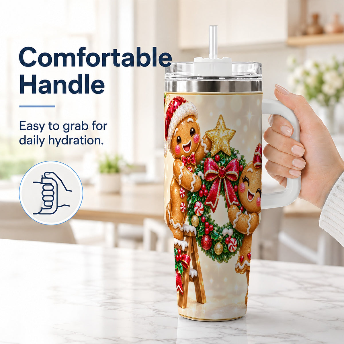 #pl[40oz|White] Gingerbread Wreath 40oz Tumbler with Handle, Holiday Stainless Steel Cup