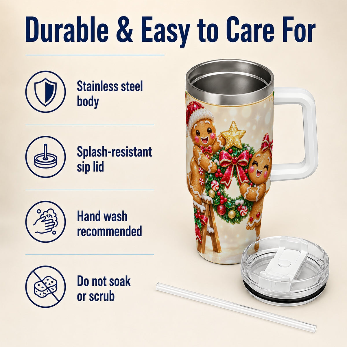 Gingerbread Wreath 40oz Tumbler with Handle, Holiday Stainless Steel Cup