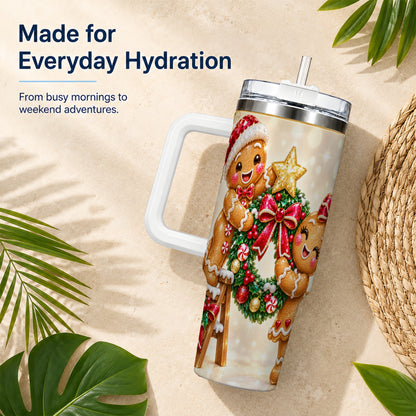 Gingerbread Wreath 40oz Tumbler with Handle, Holiday Stainless Steel Cup