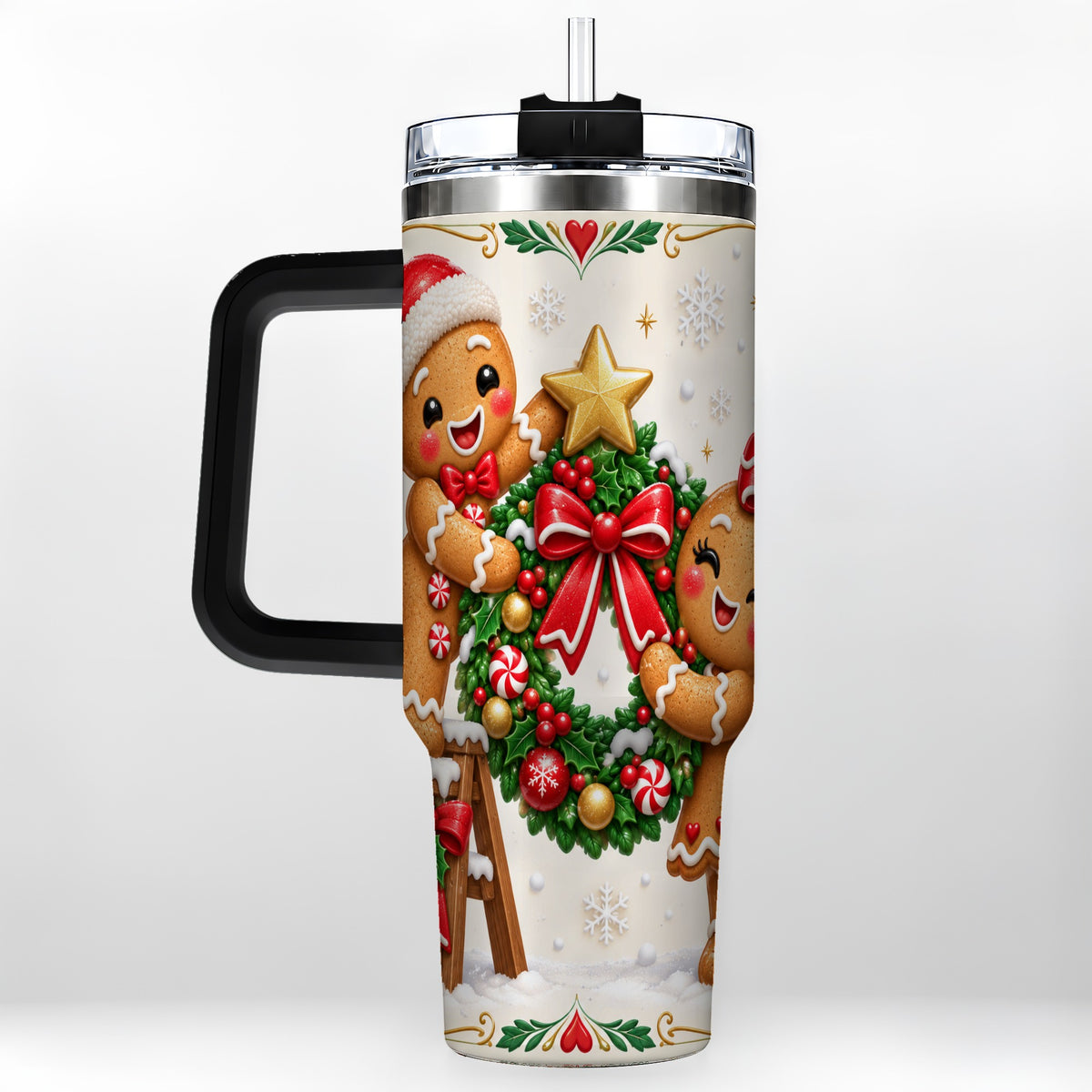 #pl[40oz|Black] Gingerbread Wreath 40oz Tumbler with Handle, Christmas Stainless Steel Cup