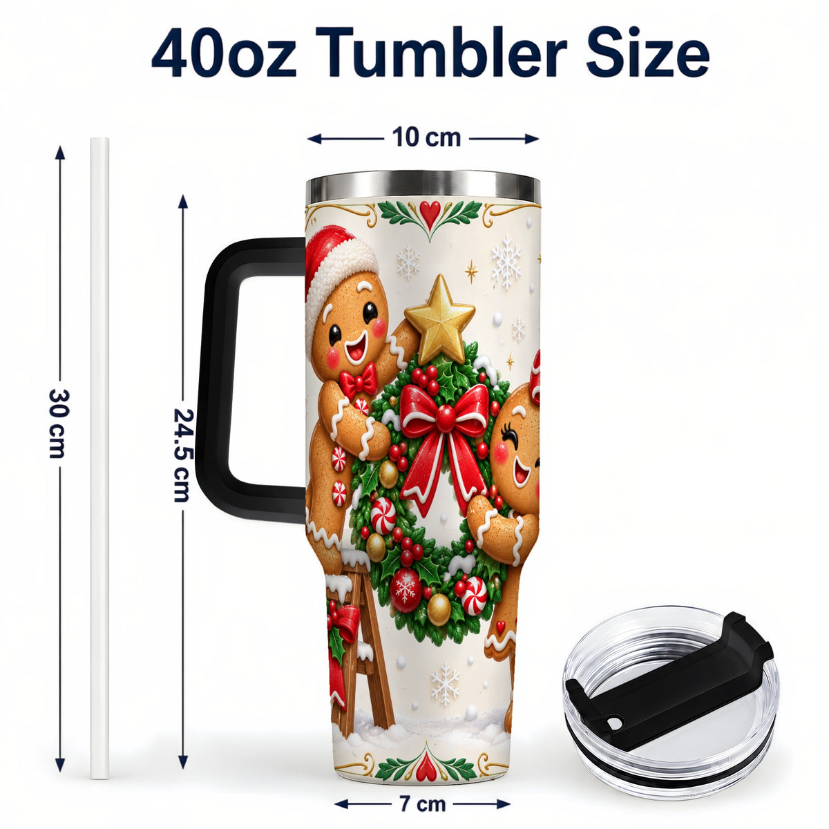 #pl[40oz|Black] Gingerbread Wreath 40oz Tumbler with Handle, Christmas Stainless Steel Cup