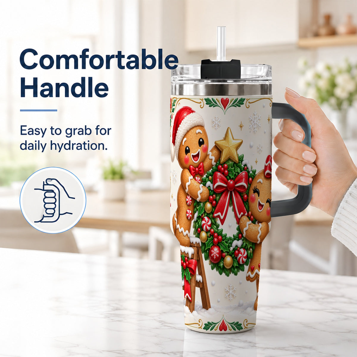 #pl[40oz|Black] Gingerbread Wreath 40oz Tumbler with Handle, Christmas Stainless Steel Cup
