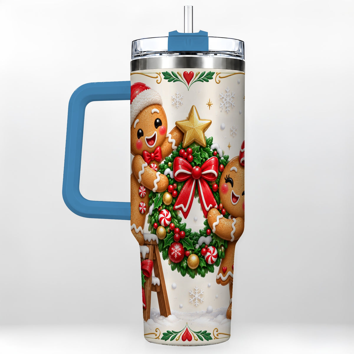 #pl[40oz|Blue] Gingerbread Wreath 40oz Tumbler with Handle, Christmas Stainless Steel Cup