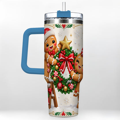 #pl[40oz|Blue] Gingerbread Wreath 40oz Tumbler with Handle, Christmas Stainless Steel Cup