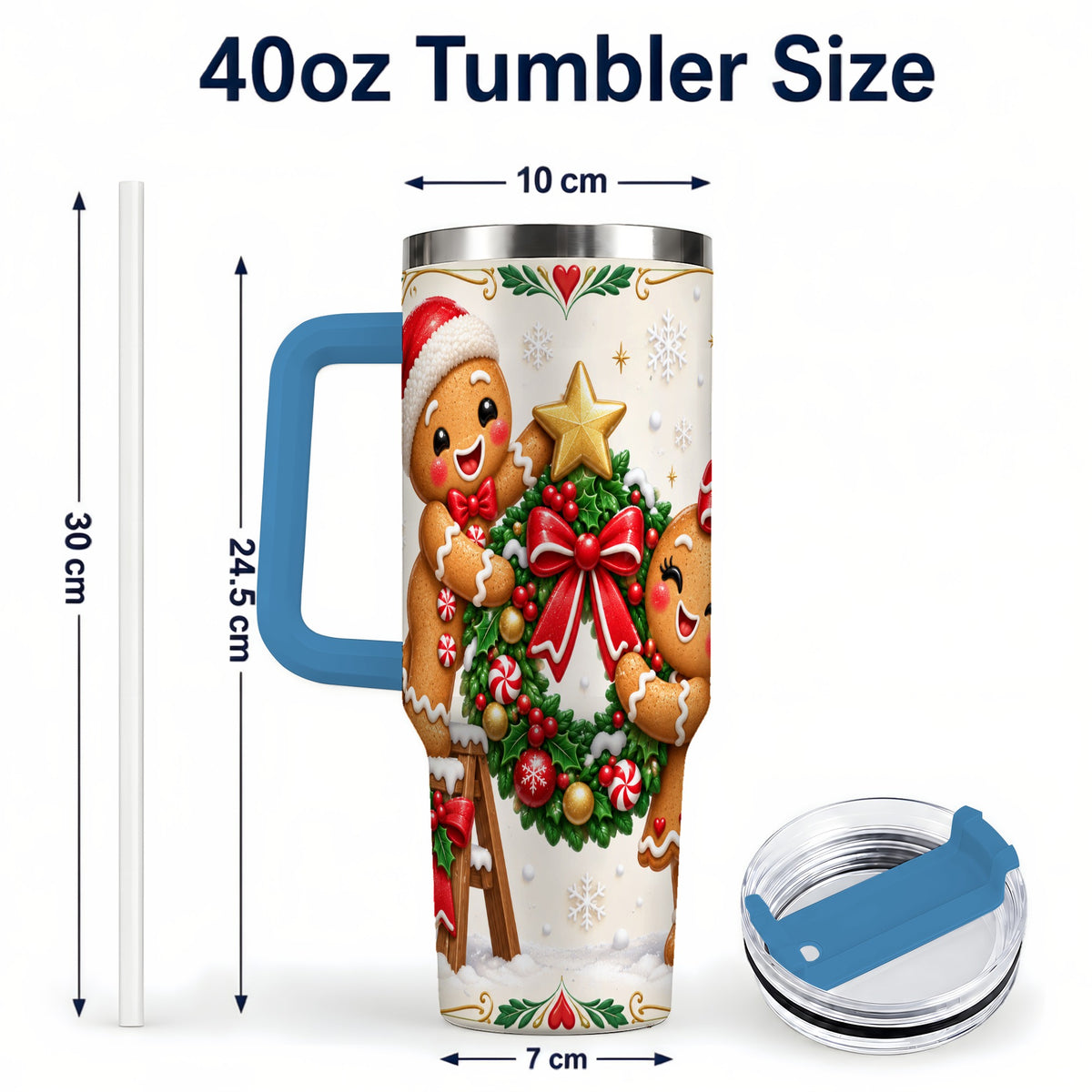 #pl[40oz|Blue] Gingerbread Wreath 40oz Tumbler with Handle, Christmas Stainless Steel Cup