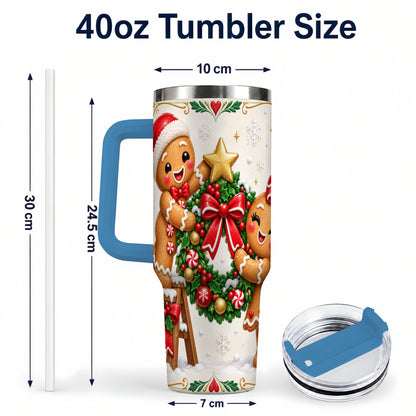 #pl[40oz|Blue] Gingerbread Wreath 40oz Tumbler with Handle, Christmas Stainless Steel Cup