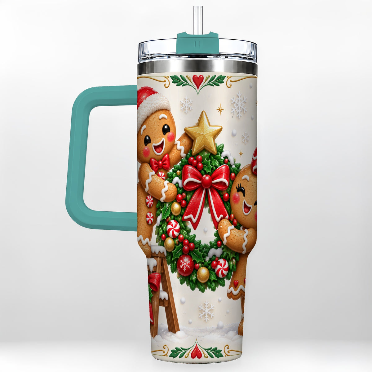 #pl[40oz|Green] Gingerbread Wreath 40oz Tumbler with Handle, Christmas Stainless Steel Cup