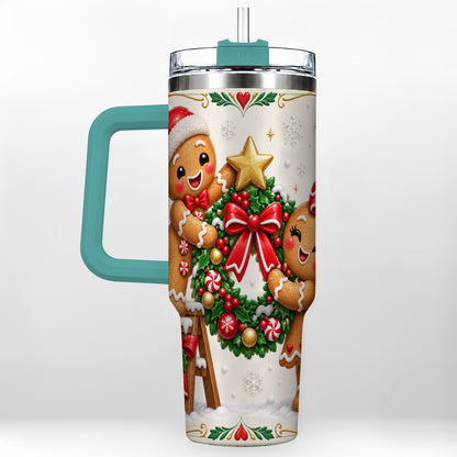 #pl[40oz|Green] Gingerbread Wreath 40oz Tumbler with Handle, Christmas Stainless Steel Cup