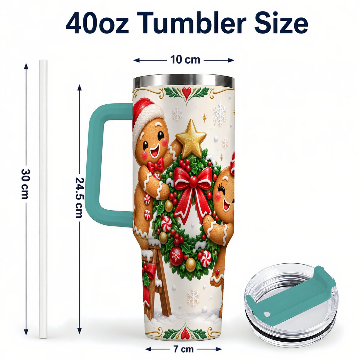 #pl[40oz|Green] Gingerbread Wreath 40oz Tumbler with Handle, Christmas Stainless Steel Cup