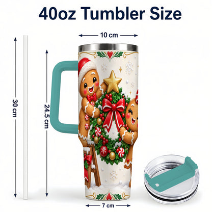 #pl[40oz|Green] Gingerbread Wreath 40oz Tumbler with Handle, Christmas Stainless Steel Cup