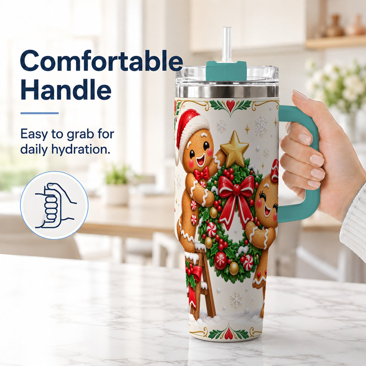 #pl[40oz|Green] Gingerbread Wreath 40oz Tumbler with Handle, Christmas Stainless Steel Cup