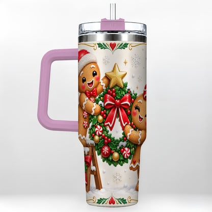 #pl[40oz|Pink] Gingerbread Wreath 40oz Tumbler with Handle, Christmas Stainless Steel Cup
