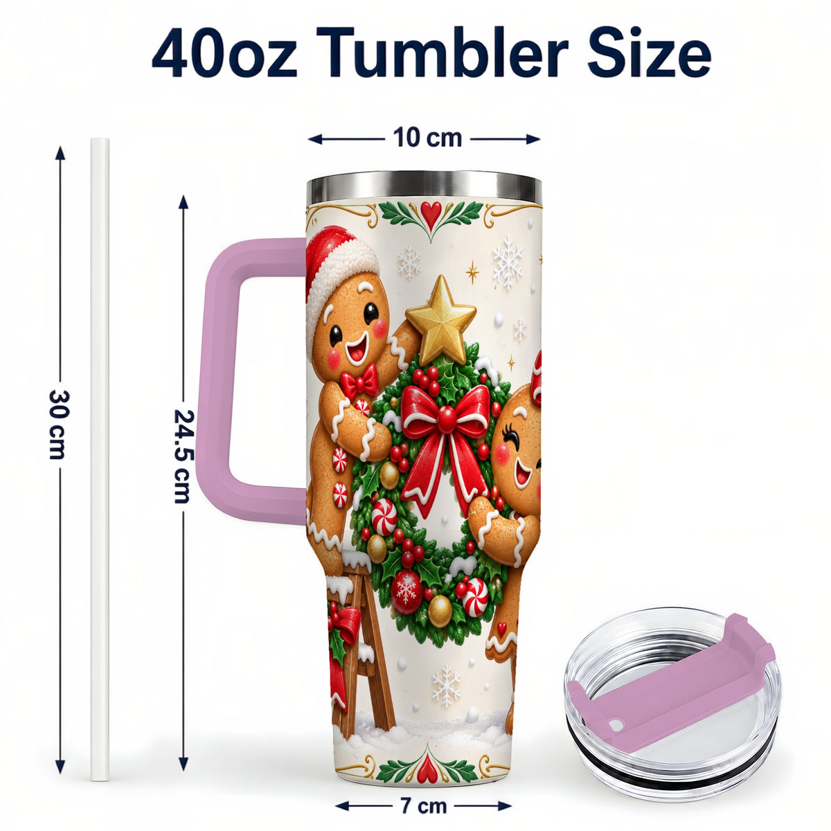 #pl[40oz|Pink] Gingerbread Wreath 40oz Tumbler with Handle, Christmas Stainless Steel Cup