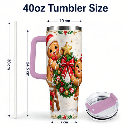 #pl[40oz|Pink] Gingerbread Wreath 40oz Tumbler with Handle, Christmas Stainless Steel Cup