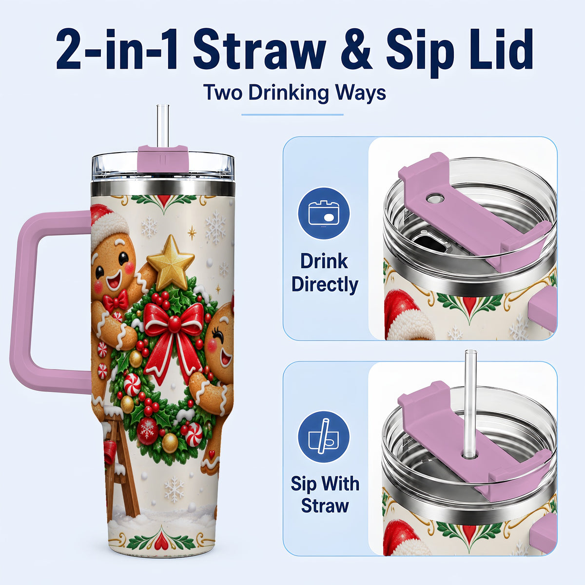 #pl[40oz|Pink] Gingerbread Wreath 40oz Tumbler with Handle, Christmas Stainless Steel Cup