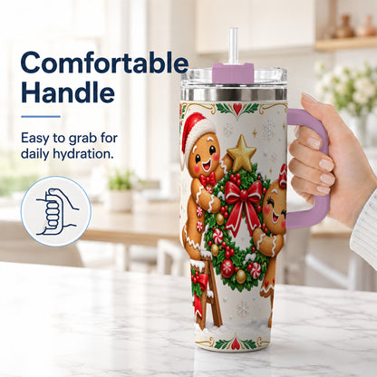 #pl[40oz|Pink] Gingerbread Wreath 40oz Tumbler with Handle, Christmas Stainless Steel Cup