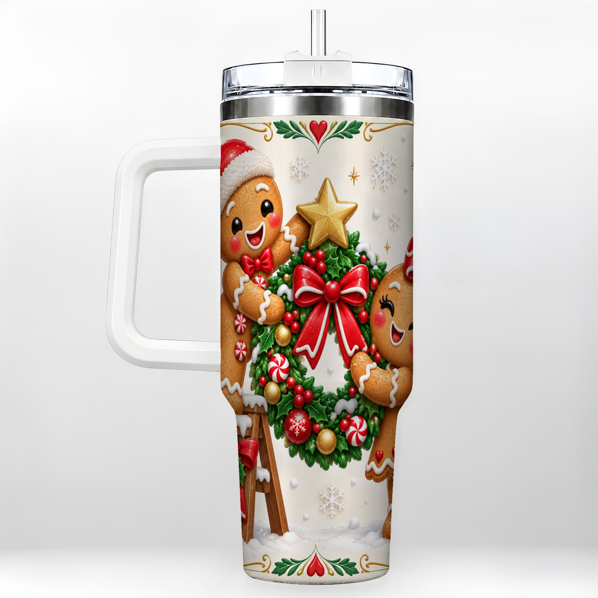 Gingerbread Wreath 40oz Tumbler with Handle, Christmas Stainless Steel Cup