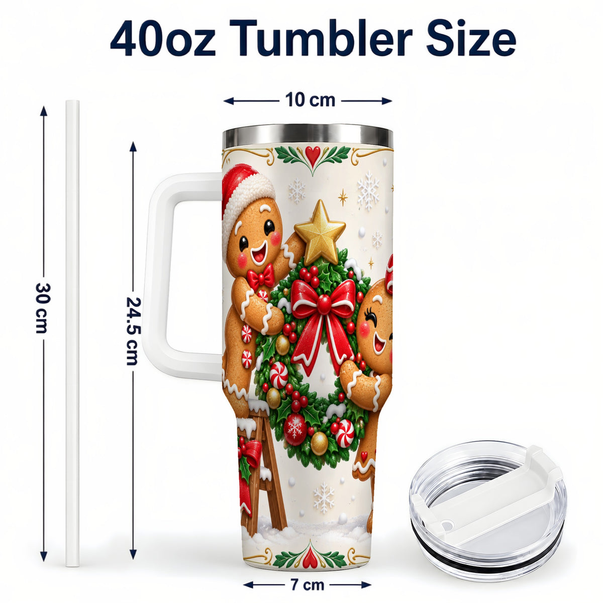#pl[40oz|White] Gingerbread Wreath 40oz Tumbler with Handle, Christmas Stainless Steel Cup