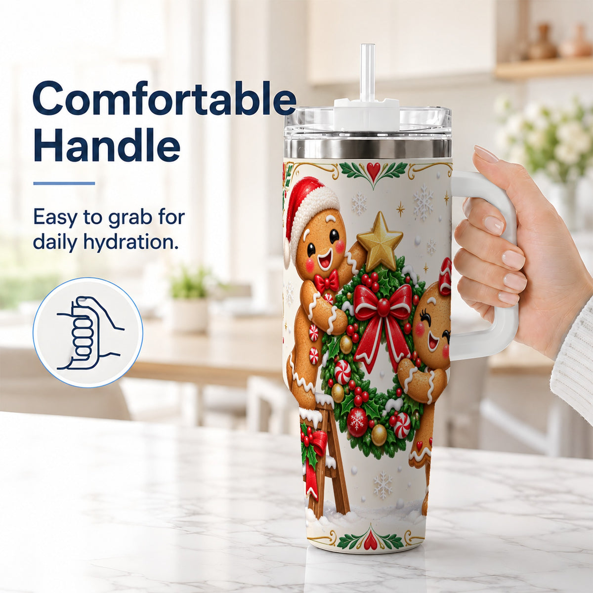 #pl[40oz|White] Gingerbread Wreath 40oz Tumbler with Handle, Christmas Stainless Steel Cup