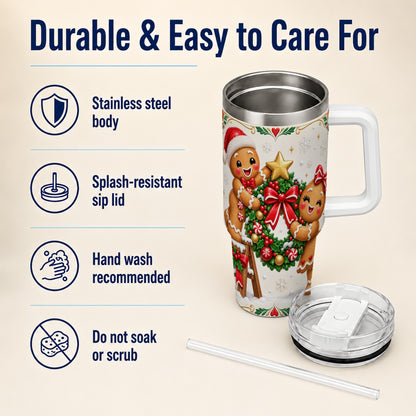 Gingerbread Wreath 40oz Tumbler with Handle, Christmas Stainless Steel Cup