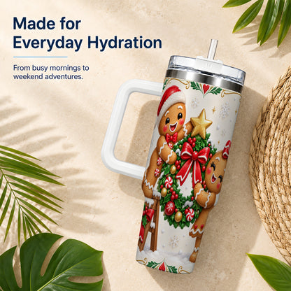 Gingerbread Wreath 40oz Tumbler with Handle, Christmas Stainless Steel Cup