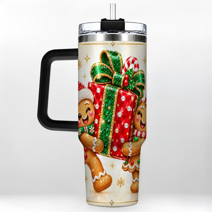 #pl[40oz|Black] Gingerbread Present 40oz Tumbler with Handle, Holiday Stainless Steel Cup