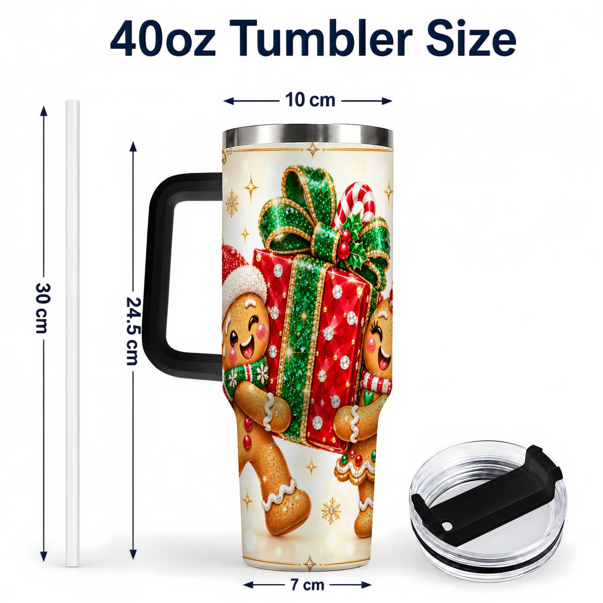 #pl[40oz|Black] Gingerbread Present 40oz Tumbler with Handle, Holiday Stainless Steel Cup