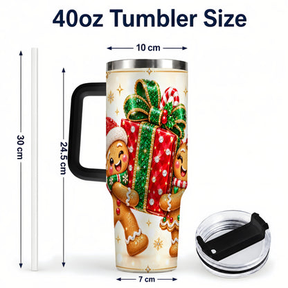 #pl[40oz|Black] Gingerbread Present 40oz Tumbler with Handle, Holiday Stainless Steel Cup