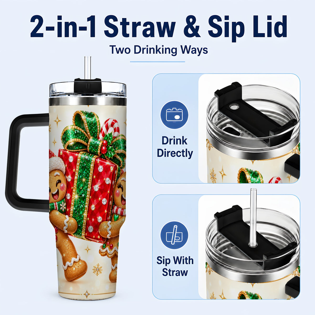 #pl[40oz|Black] Gingerbread Present 40oz Tumbler with Handle, Holiday Stainless Steel Cup