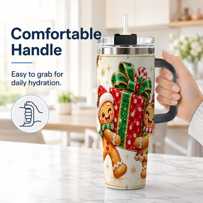 #pl[40oz|Black] Gingerbread Present 40oz Tumbler with Handle, Holiday Stainless Steel Cup