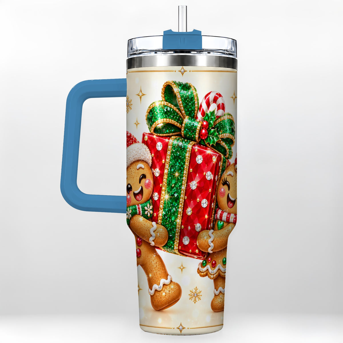 #pl[40oz|Blue] Gingerbread Present 40oz Tumbler with Handle, Holiday Stainless Steel Cup