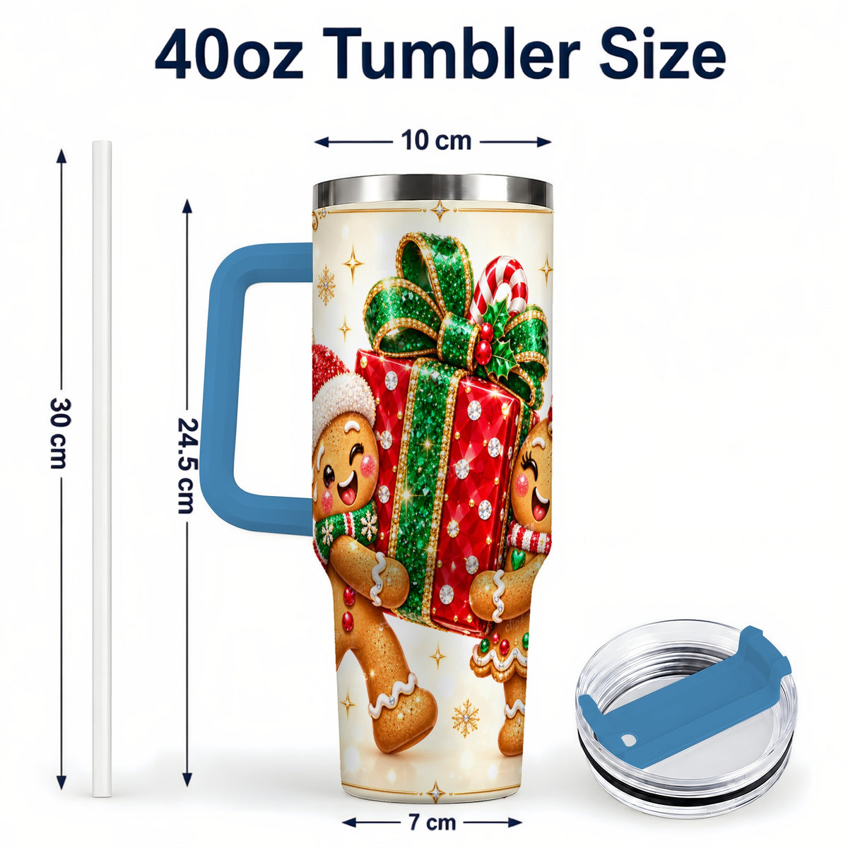 #pl[40oz|Blue] Gingerbread Present 40oz Tumbler with Handle, Holiday Stainless Steel Cup