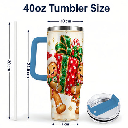 #pl[40oz|Blue] Gingerbread Present 40oz Tumbler with Handle, Holiday Stainless Steel Cup
