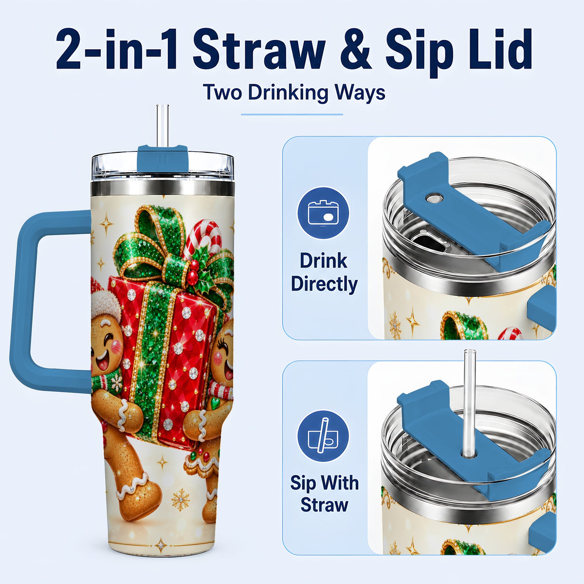 #pl[40oz|Blue] Gingerbread Present 40oz Tumbler with Handle, Holiday Stainless Steel Cup