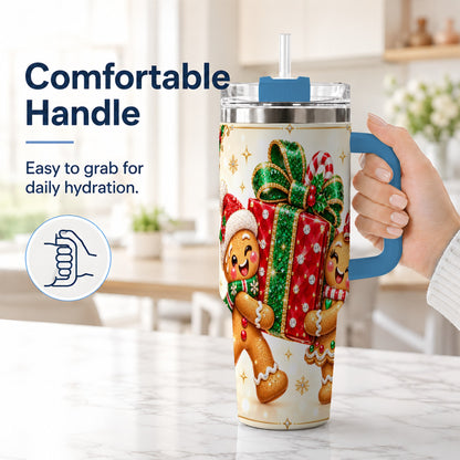 #pl[40oz|Blue] Gingerbread Present 40oz Tumbler with Handle, Holiday Stainless Steel Cup