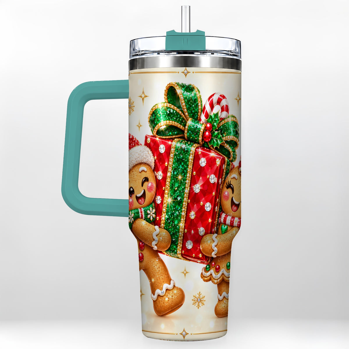 #pl[40oz|Green] Gingerbread Present 40oz Tumbler with Handle, Holiday Stainless Steel Cup