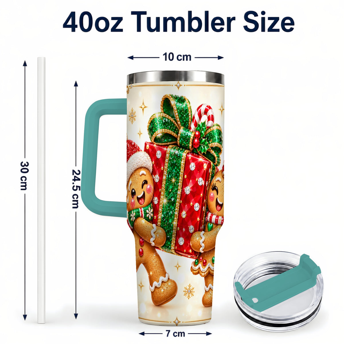 #pl[40oz|Green] Gingerbread Present 40oz Tumbler with Handle, Holiday Stainless Steel Cup