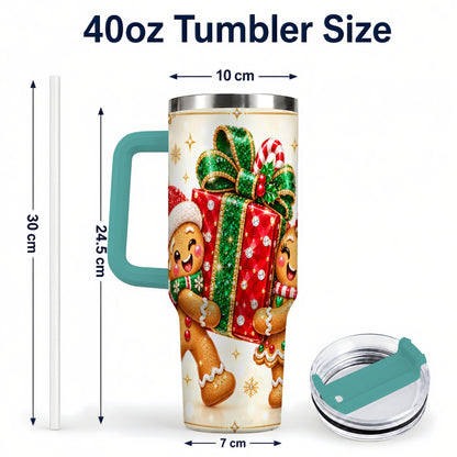 #pl[40oz|Green] Gingerbread Present 40oz Tumbler with Handle, Holiday Stainless Steel Cup