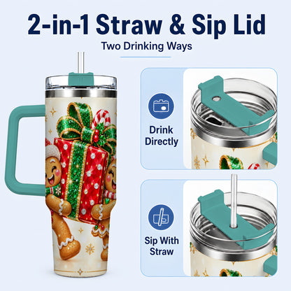 #pl[40oz|Green] Gingerbread Present 40oz Tumbler with Handle, Holiday Stainless Steel Cup