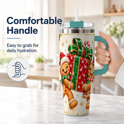 #pl[40oz|Green] Gingerbread Present 40oz Tumbler with Handle, Holiday Stainless Steel Cup