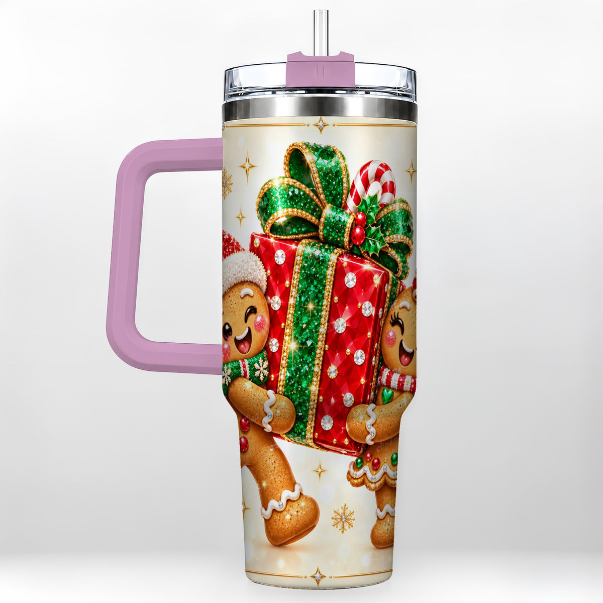 #pl[40oz|Pink] Gingerbread Present 40oz Tumbler with Handle, Holiday Stainless Steel Cup