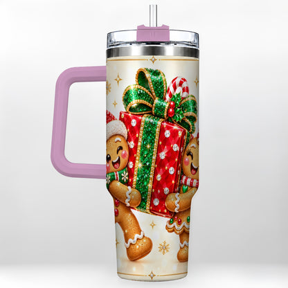 #pl[40oz|Pink] Gingerbread Present 40oz Tumbler with Handle, Holiday Stainless Steel Cup