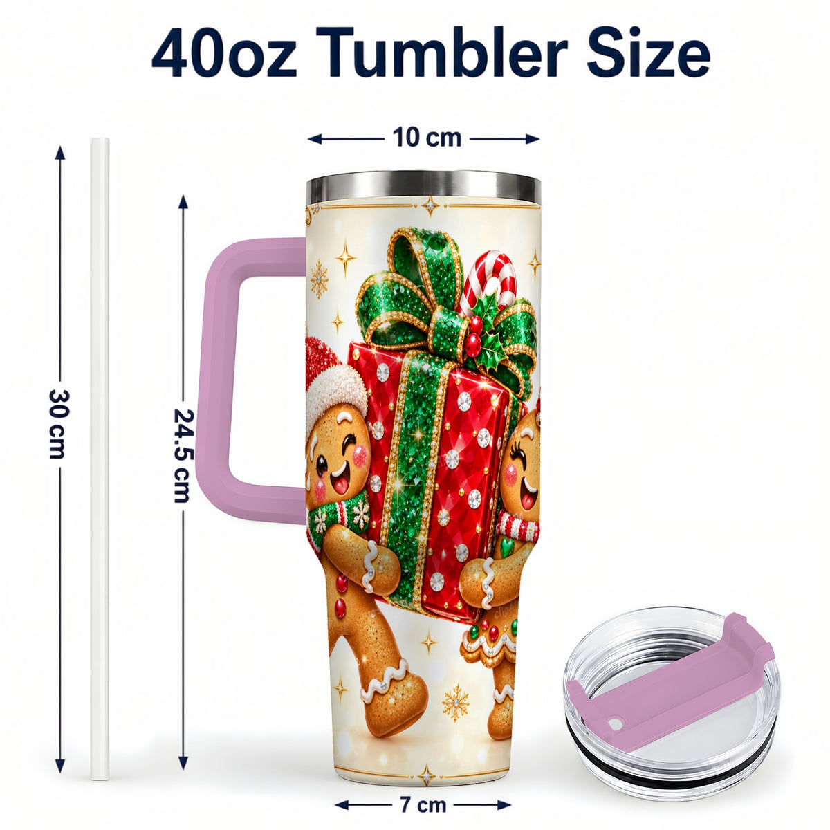 #pl[40oz|Pink] Gingerbread Present 40oz Tumbler with Handle, Holiday Stainless Steel Cup