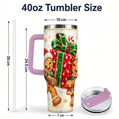 #pl[40oz|Pink] Gingerbread Present 40oz Tumbler with Handle, Holiday Stainless Steel Cup