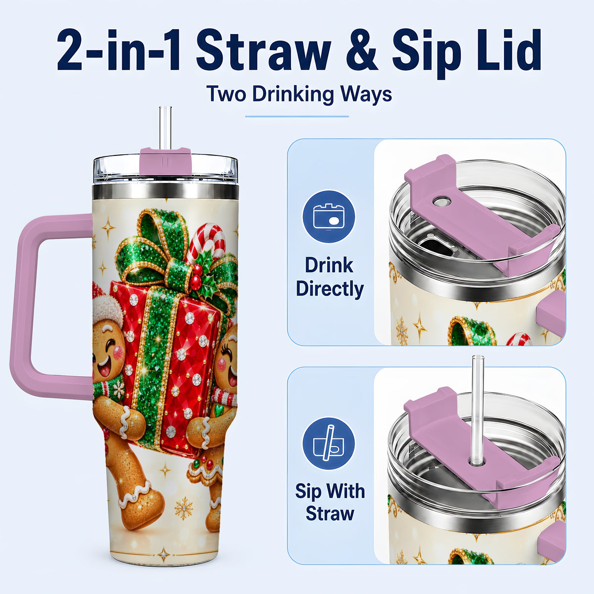 #pl[40oz|Pink] Gingerbread Present 40oz Tumbler with Handle, Holiday Stainless Steel Cup