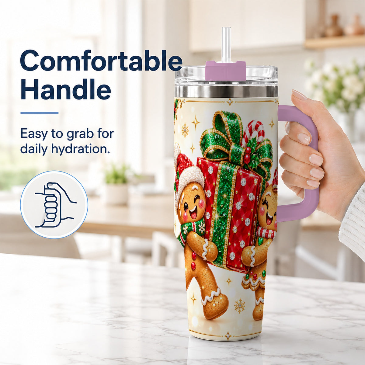 #pl[40oz|Pink] Gingerbread Present 40oz Tumbler with Handle, Holiday Stainless Steel Cup