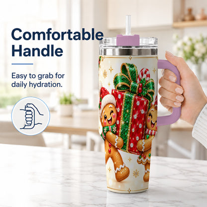 #pl[40oz|Pink] Gingerbread Present 40oz Tumbler with Handle, Holiday Stainless Steel Cup