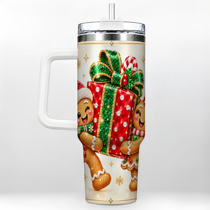 Gingerbread Present 40oz Tumbler with Handle, Holiday Stainless Steel Cup