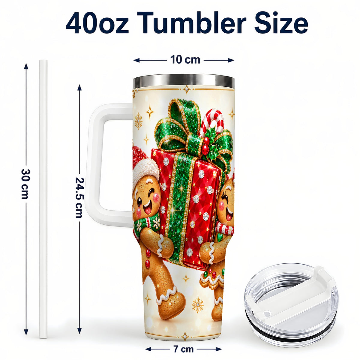 #pl[40oz|White] Gingerbread Present 40oz Tumbler with Handle, Holiday Stainless Steel Cup